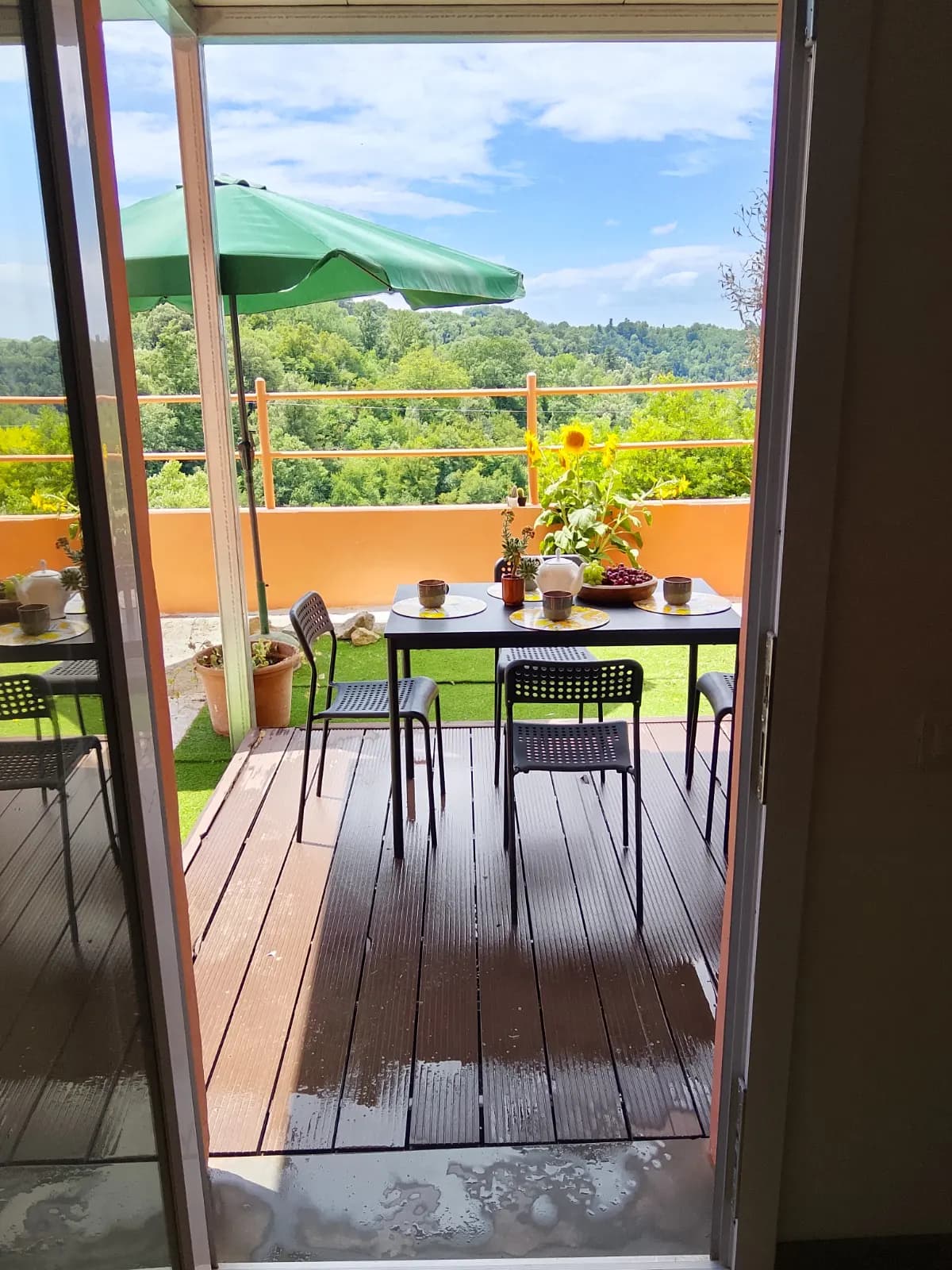 View from the house towards the terrace and the hills of Montecastello