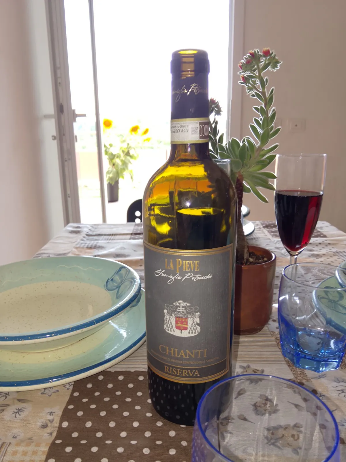 Wine and details on the set table